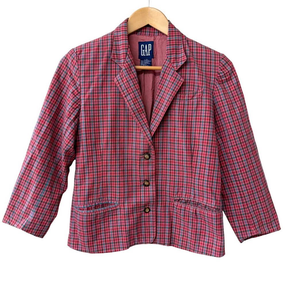 Vintage GAP Womens Plaid Blazer Twee Cotton Large Office 3-Button Notched Lapel